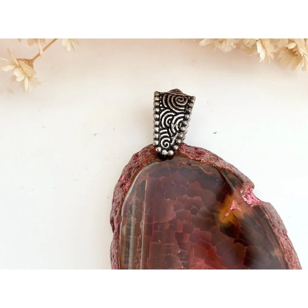 Red Sliced Agate Smooth Crystal Freeform Large Silver Toned Vintage Pendant